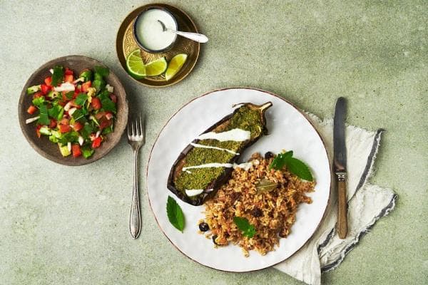Afghaanse aubergine met walnoten pesto