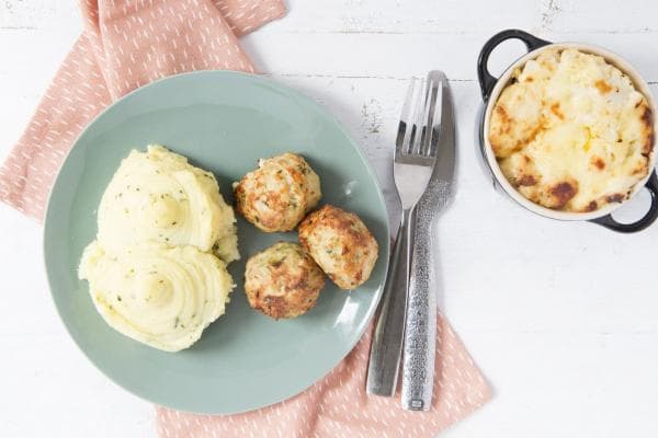 Chicken Meatballs with Cauliflower Gratin
