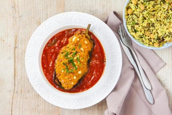 Gevulde aubergine met wilde rijst