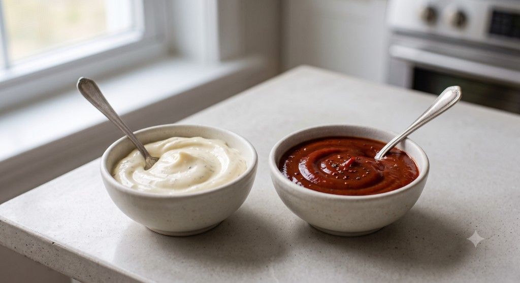 Creamy vegan mayonnaise and pure ketchup